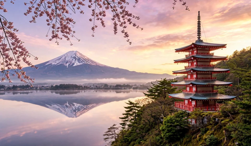 Mount Fuji rising over Lake Kawaguchiko with Chureito Pagoda in the foreground at sunrise.