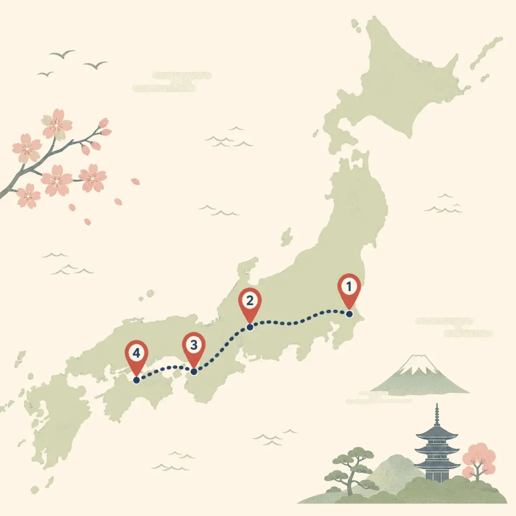 Map of a 9-day Japan itinerary route from Tokyo to Kyoto to Nara to Osaka