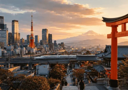 9-day Japan itinerary cover image showing Tokyo's neon skyline blending into Kyoto's temples and torii gates