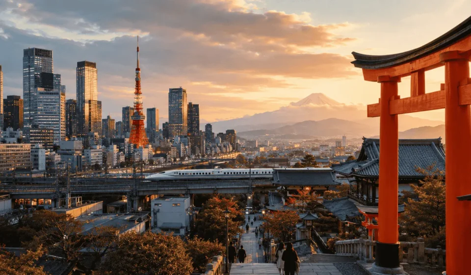 9-day Japan itinerary cover image showing Tokyo's neon skyline blending into Kyoto's temples and torii gates