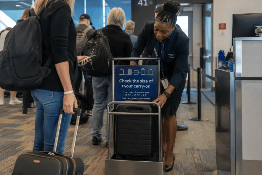 Hand Carry Luggage Size: The Full 2026 Guide 3 Gate agent checking hand carry luggage size against a sizing frame
