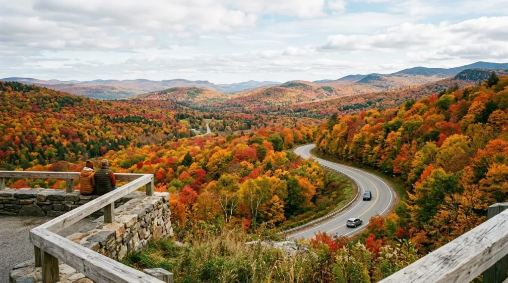 Best Places to See Fall Foliage 1 Scenic overlook showing one of the best places to see fall foliage across rolling hills