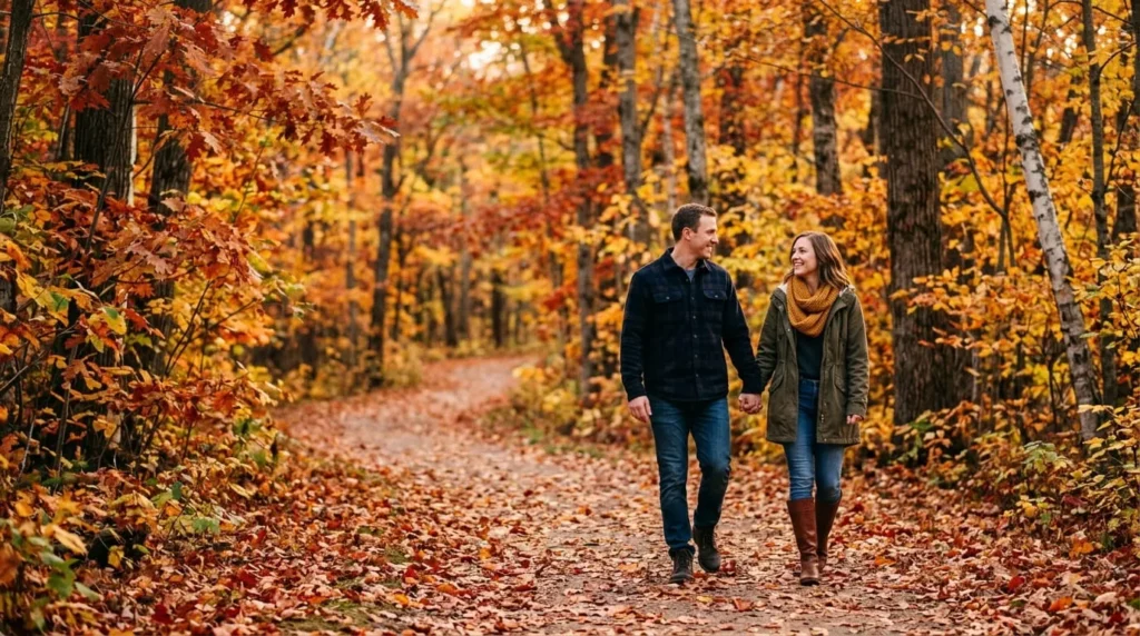 Best Places to See Fall Foliage 3 Couple walking through one of the best places to see fall foliage on a wooded trail