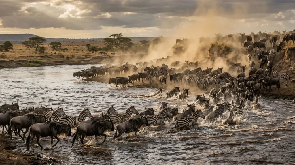 Wildebeest and zebra herds crossing a river, one of the best places to see wildlife in Tanzania