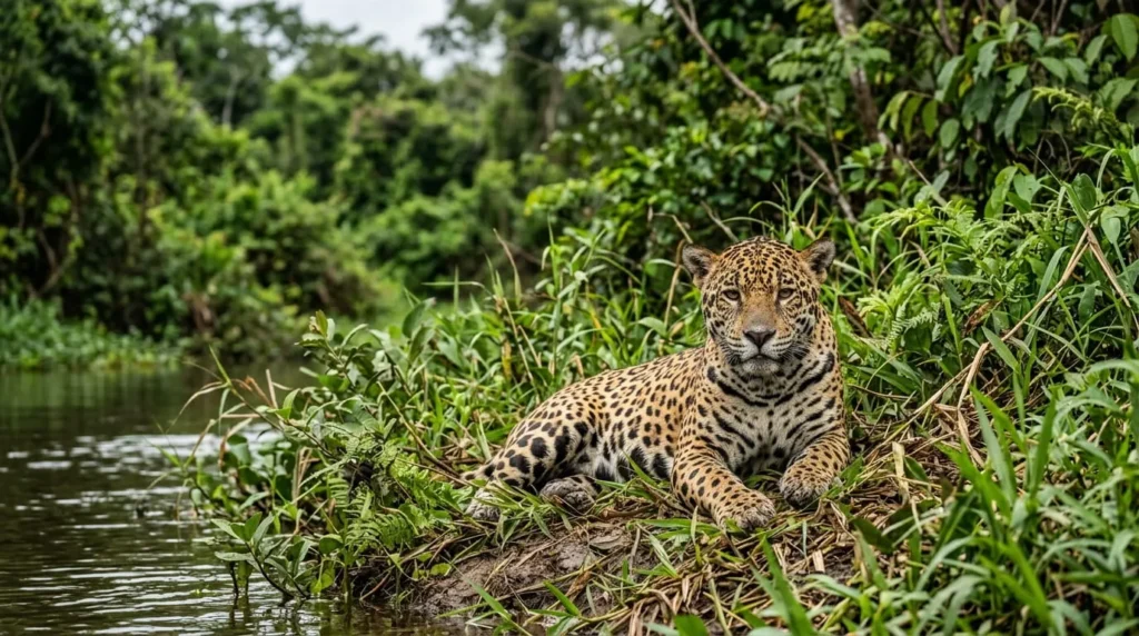 A wild jaguar resting on a riverbank, one of the best places to see wildlife in South America