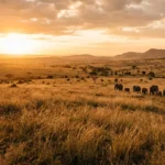 Elephants crossing an open savanna at sunset, one of the best places to see wildlife in the world