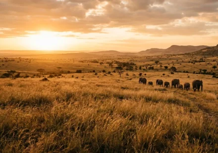 Elephants crossing an open savanna at sunset, one of the best places to see wildlife in the world