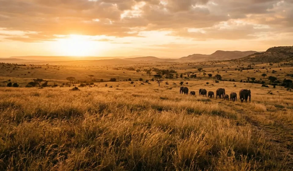 Elephants crossing an open savanna at sunset, one of the best places to see wildlife in the world