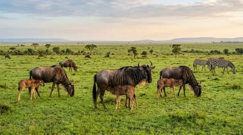Wildlife gathering on the Ngorongoro Crater floor during the best time to visit Tanzania in the dry season