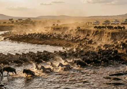 Wildebeest crossing the Mara River during the best time to visit Tanzania for the migration