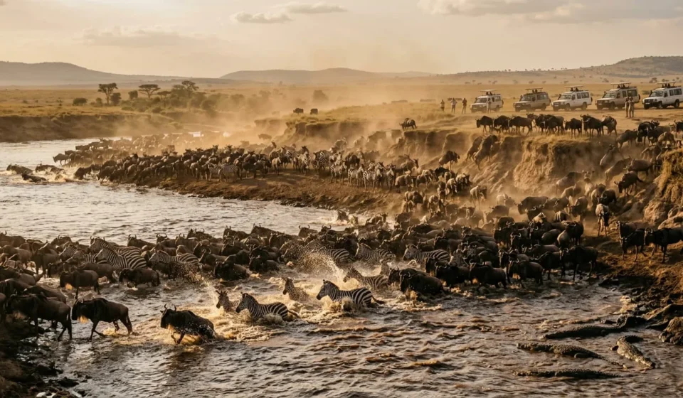 Wildebeest crossing the Mara River during the best time to visit Tanzania for the migration