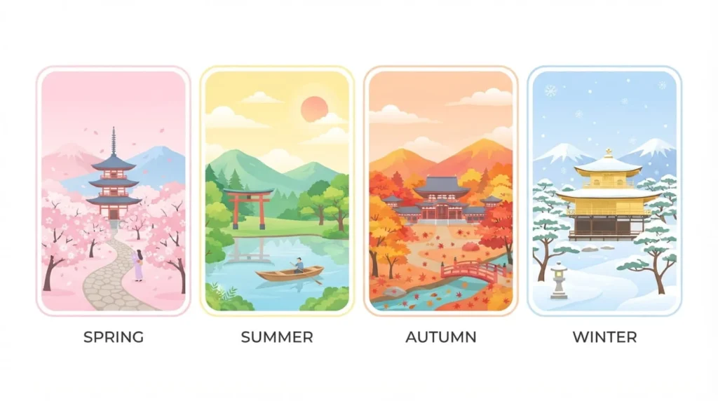 Best Places to Visit in Japan: A First-Timer's Guide 2 Four-panel infographic showing Japan's spring cherry blossoms, summer heat, autumn foliage, and winter snow for trip planning