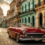 Classic car driving through colorful Old Havana street, representing Americans traveling to Cuba