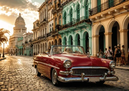 Classic car driving through colorful Old Havana street, representing Americans traveling to Cuba