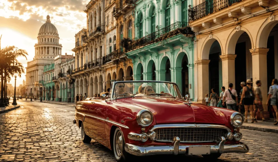 Can Americans Travel to Cuba? 2026 Rules Guide Classic car driving through colorful Old Havana street, representing Americans traveling to Cuba