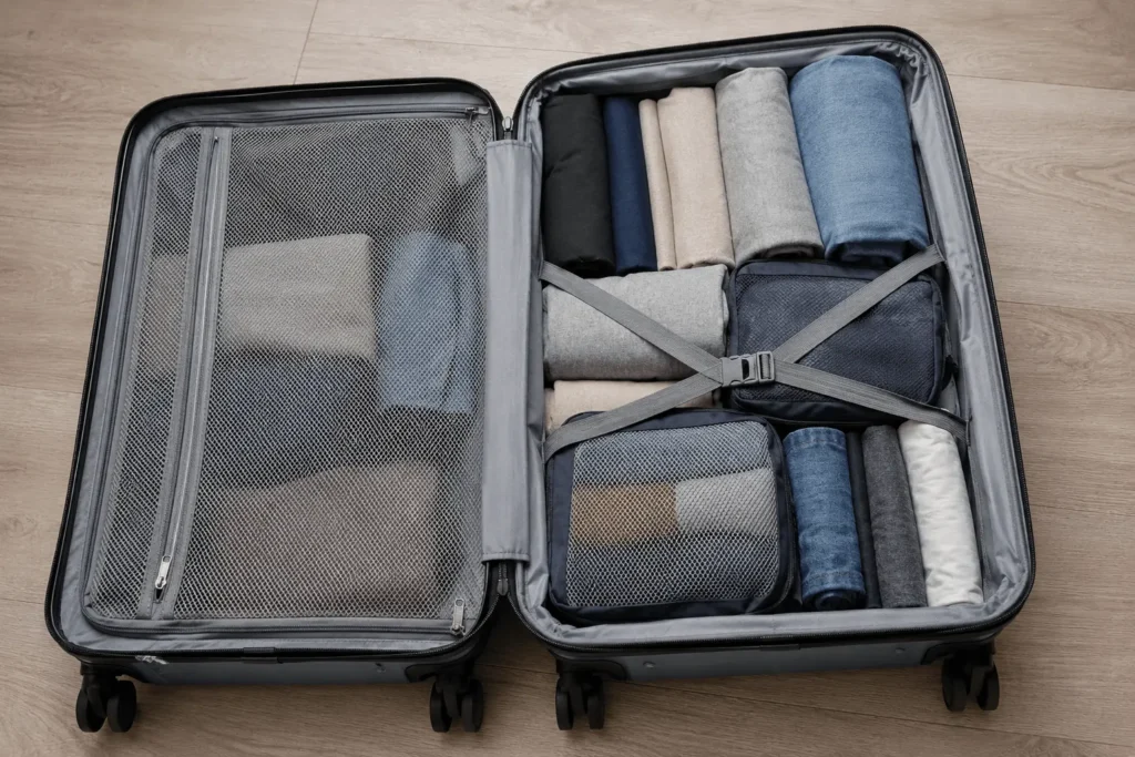 Top-down view of an open hardside carry-on suitcase with a mesh compartment, packing cubes, rolled clothes, and compression straps.