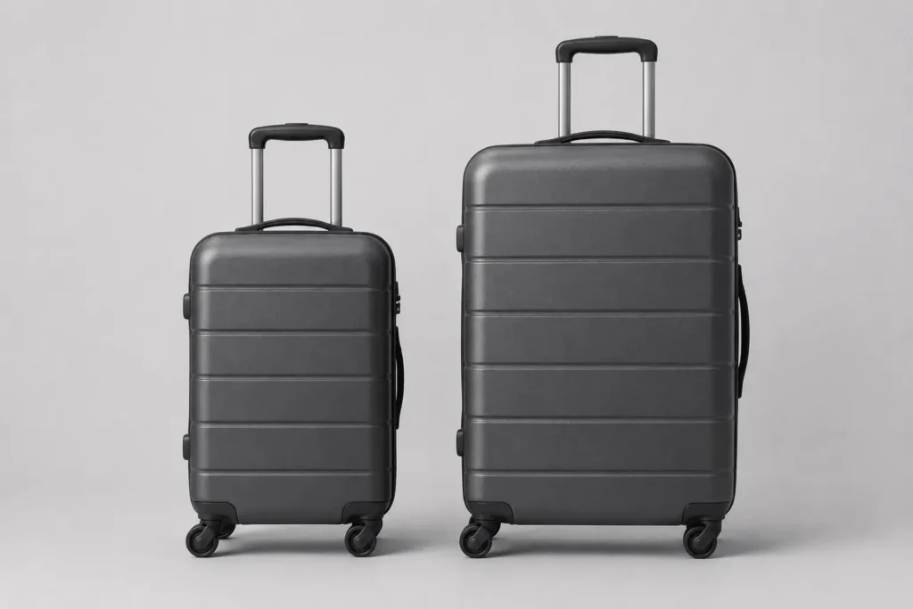 Two rolling carry-on suitcases of different sizes placed side by side on a light gray background to compare dimensions.