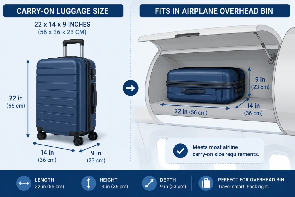 Luggage Size Chart: Carry-On, Checked & Personal Item Sizes 2 Infographic comparing small carry-on, medium checked, and large checked suitcases with recommended trip durations and luggage capacity in litres.