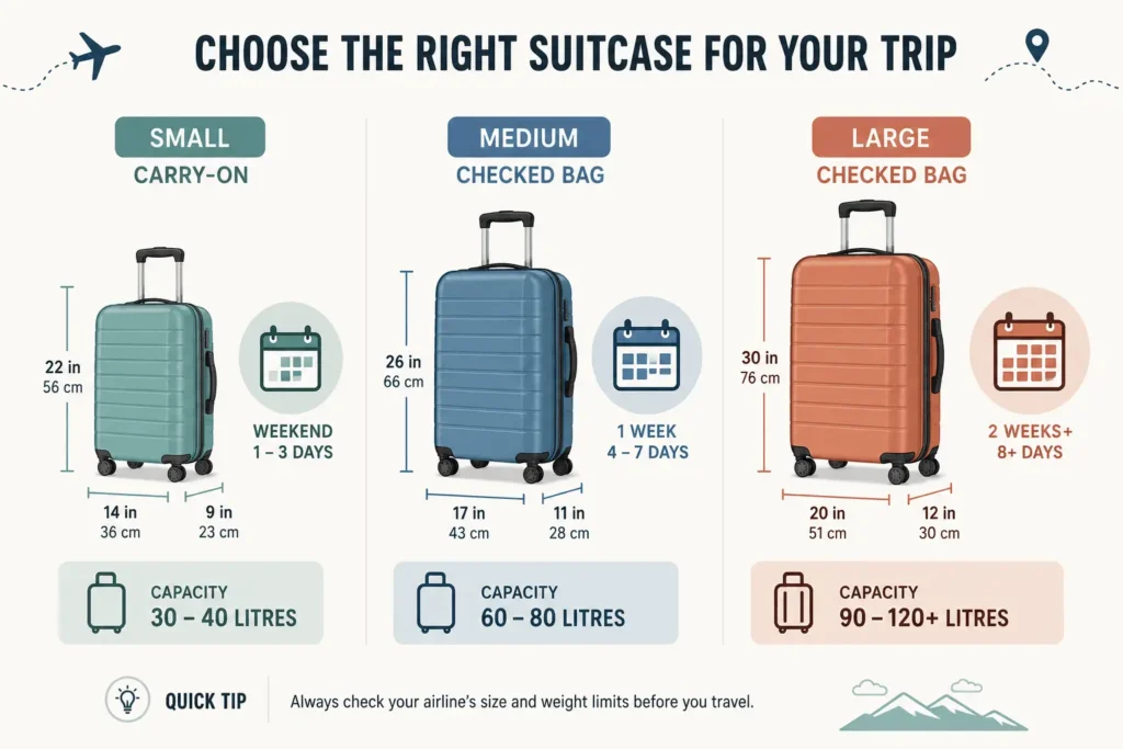 Luggage Size Chart: Carry-On, Checked & Personal Item Sizes 3 Three-panel illustration showing a traveler measuring a suitcase's length, width, and depth with a soft tape measure.