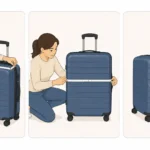 Flat-lay illustration of an open suitcase neatly packed with folded clothes, a passport, and a soft tape measure on a light background.
