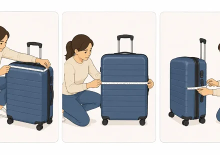 Flat-lay illustration of an open suitcase neatly packed with folded clothes, a passport, and a soft tape measure on a light background.