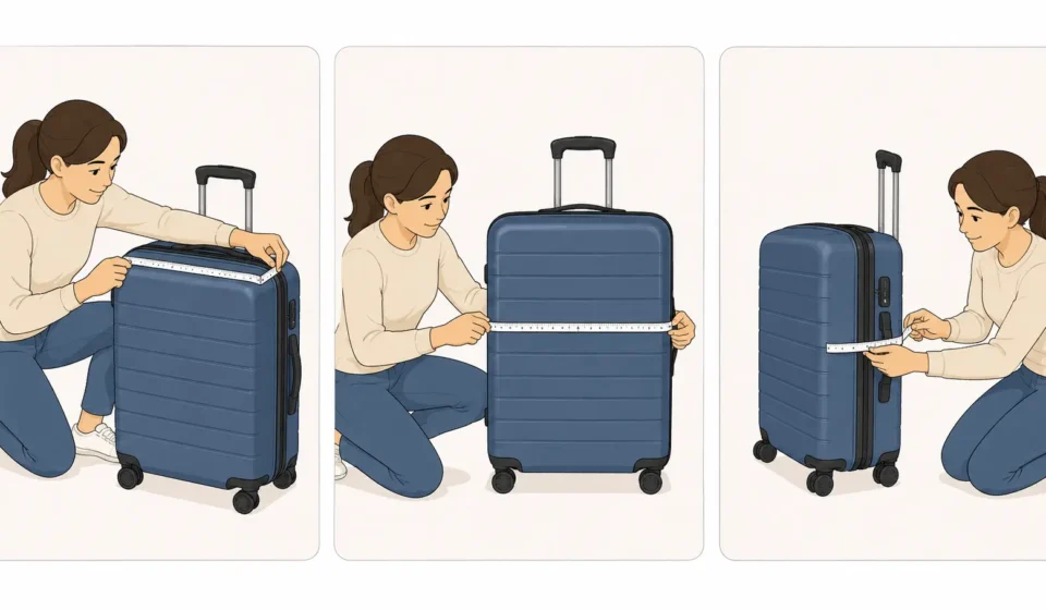 Luggage Size Chart: Carry-On, Checked & Personal Item Sizes Flat-lay illustration of an open suitcase neatly packed with folded clothes, a passport, and a soft tape measure on a light background.