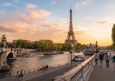 "Eiffel Tower at sunset with the Seine river in the foreground, one of the best places to visit in Europe"