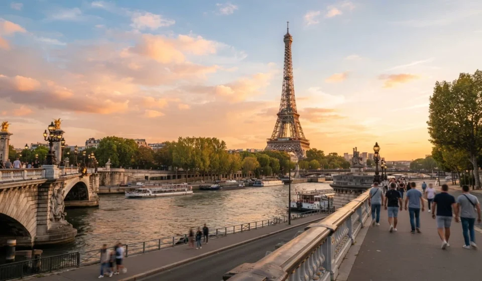 "Eiffel Tower at sunset with the Seine river in the foreground, one of the best places to visit in Europe"
