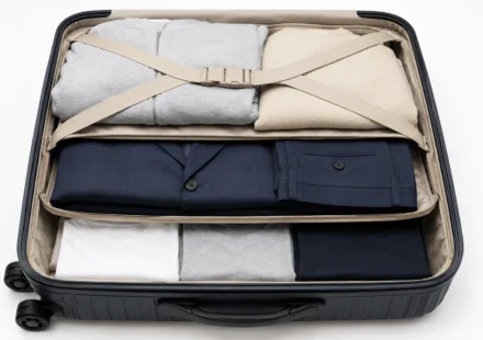 Hands folding a navy suit jacket by turning one shoulder inside out on a light wooden table to prepare it for packing.