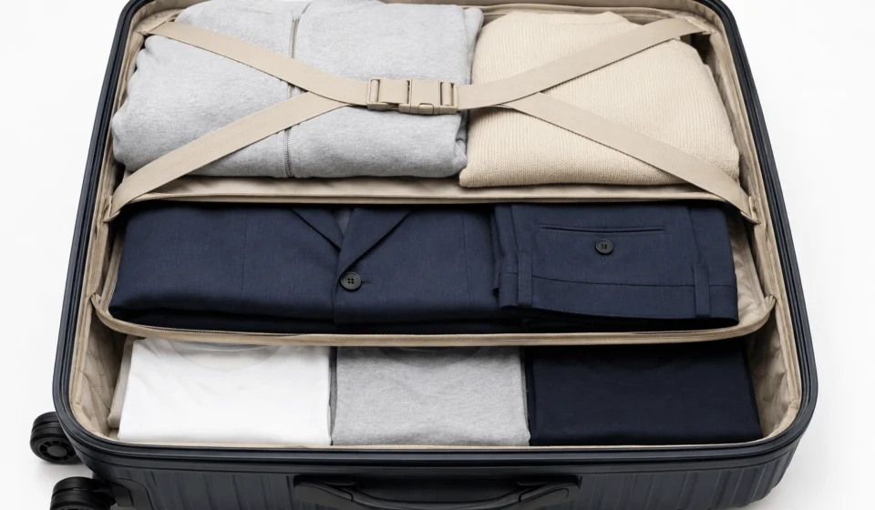 How to Pack a Suit in a Suitcase Without Wrinkles Hands folding a navy suit jacket by turning one shoulder inside out on a light wooden table to prepare it for packing.
