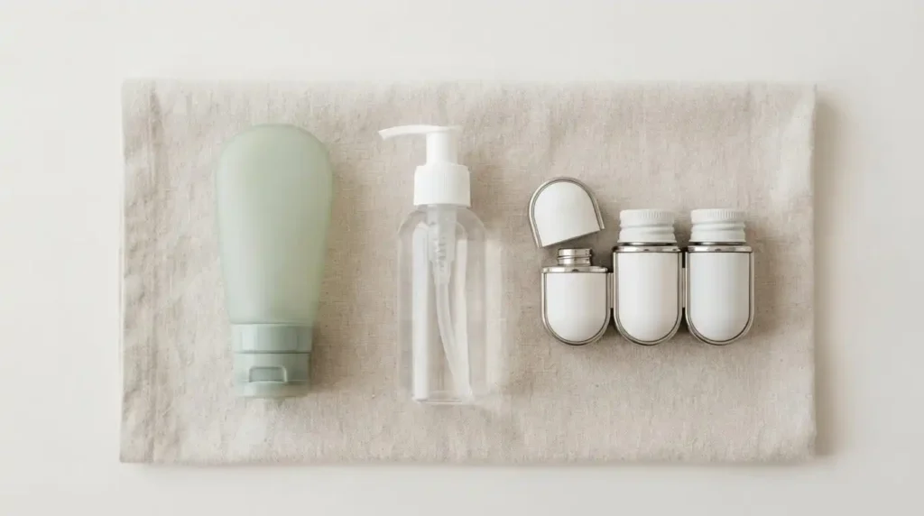 Flat-lay of three travel toiletry container types — a silicone squeeze bottle, a hard plastic Nalgene-style bottle, and a magnetic capsule pod — for comparing best travel bottles for toiletries