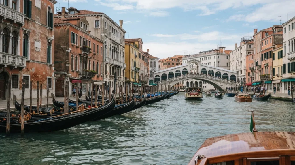 Gondolas on the Grand Canal in Venice with colorful waterfront buildings