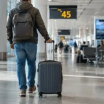 Traveler wheeling a hand carry luggage size suitcase through an airport terminal