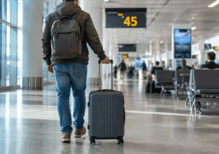 Traveler wheeling a hand carry luggage size suitcase through an airport terminal