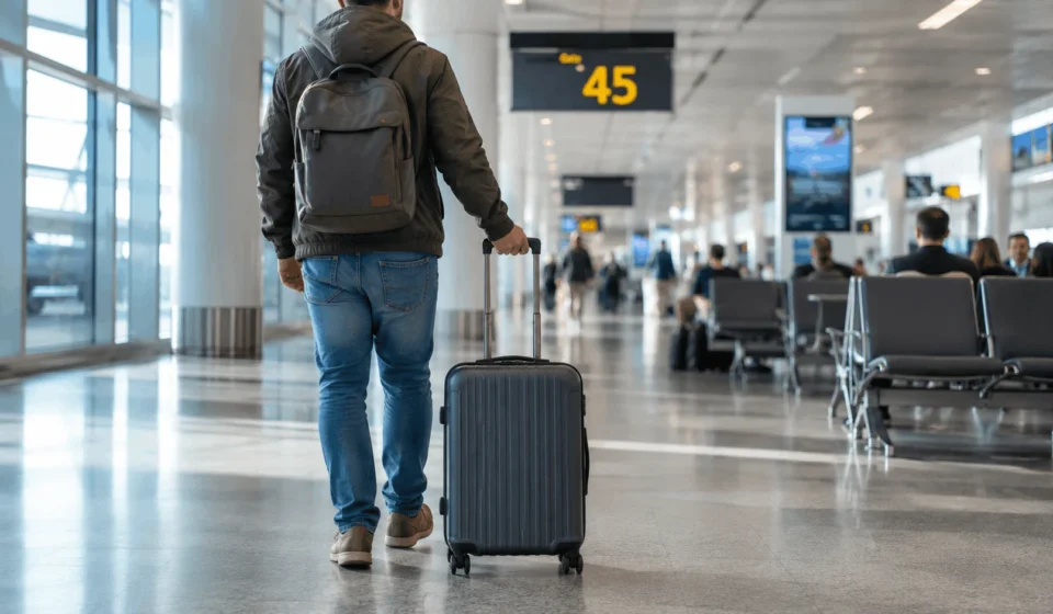 Hand Carry Luggage Size: The Full 2026 Guide Traveler wheeling a hand carry luggage size suitcase through an airport terminal