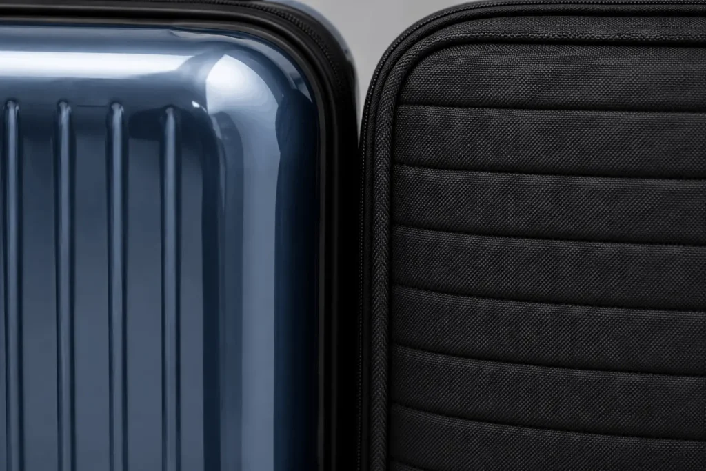 Close-up comparison of a glossy polycarbonate hardside suitcase shell and a textured softside fabric suitcase exterior.