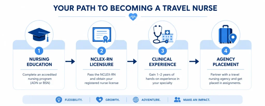 Flowchart showing the 4 steps to become a travel nurse: nursing education, NCLEX-RN licensure, clinical experience, and agency placement