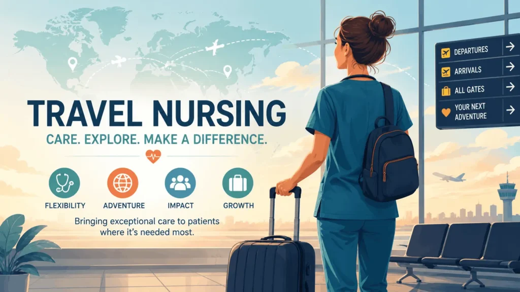 Illustration of a travel nurse with a suitcase at an airport, representing a career combining nursing and travel