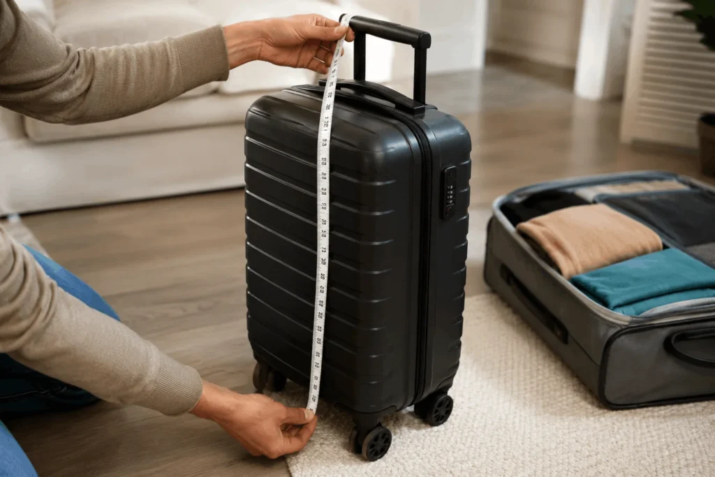 Hand Carry Luggage Size: The Full 2026 Guide 1 Measuring hand carry luggage size with a tape measure including wheels and handle