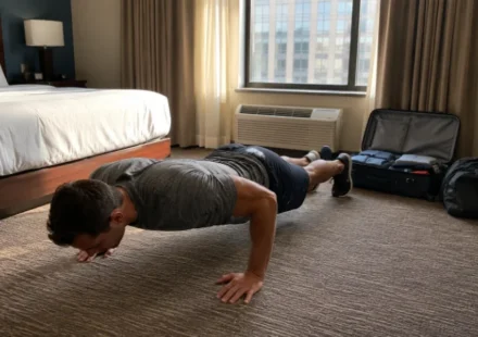 Traveler doing a bodyweight workout in a hotel room to stay fit while traveling Image Title: How to stay fit while traveling with a hotel room workout