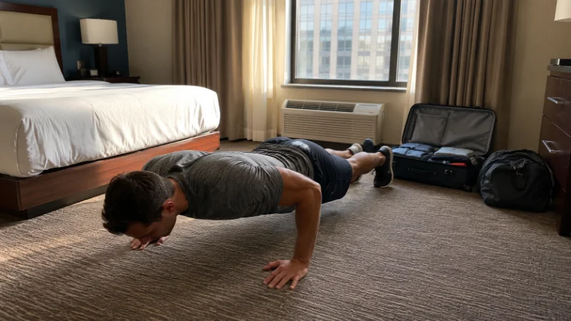 Traveler doing a bodyweight workout in a hotel room to stay fit while traveling Image Title: How to stay fit while traveling with a hotel room workout
