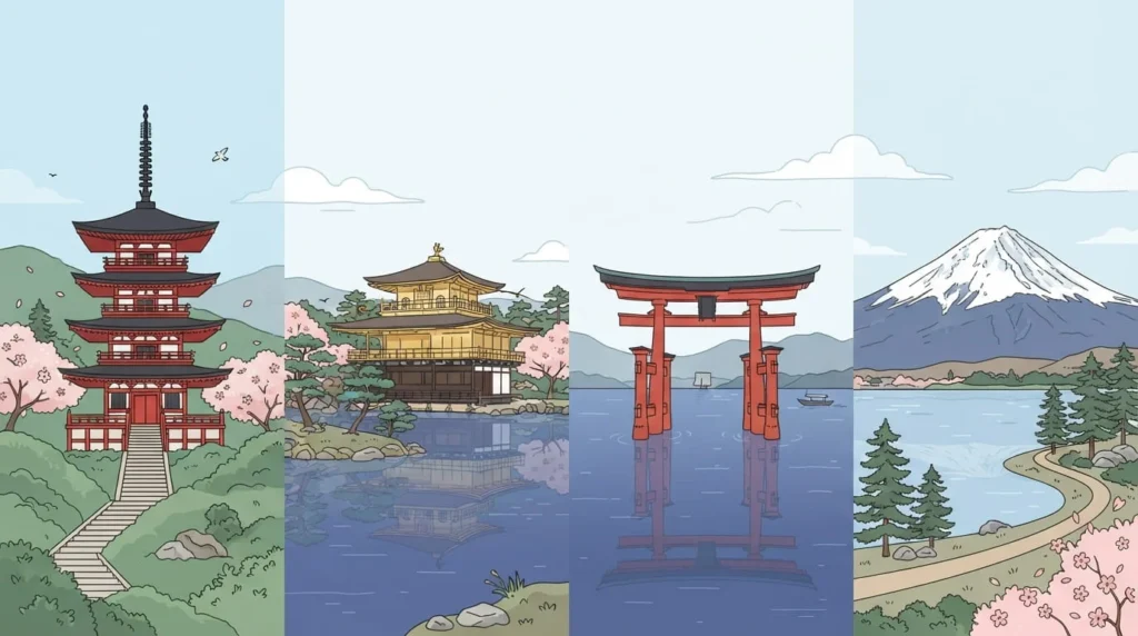 Best Places to Visit in Japan: A First-Timer's Guide 1 Illustrated collage of Japan's iconic sights, including Senso-ji Temple, Kinkaku-ji Golden Pavilion, the floating torii gate at Miyajima, and Mount Fuji