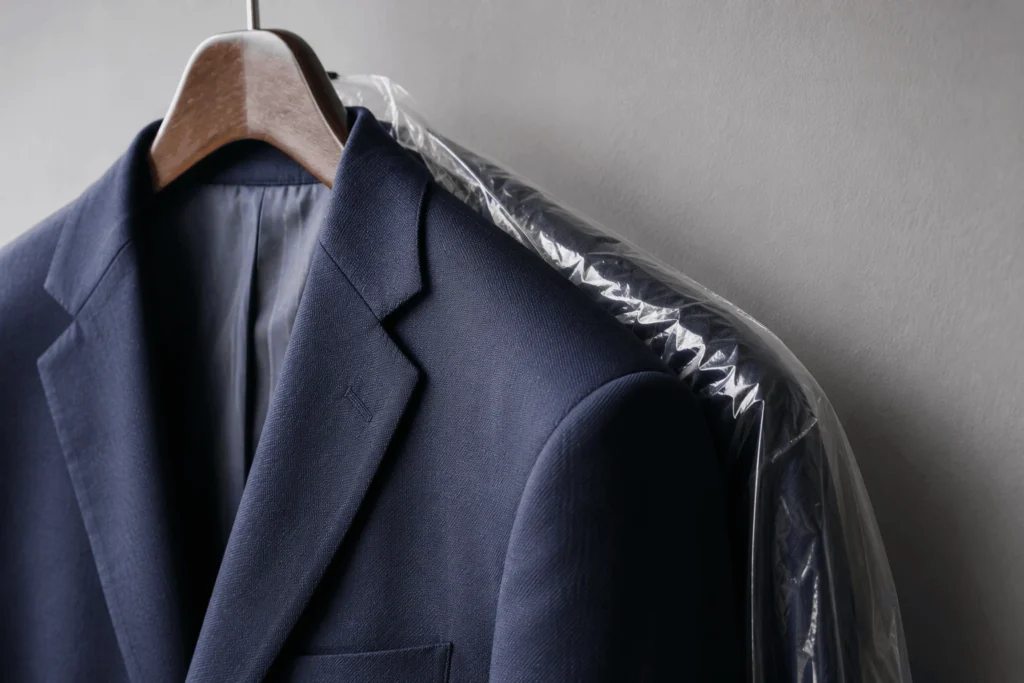 How to Pack a Suit in a Suitcase Without Wrinkles 3 Open hard-shell suitcase showing folded T-shirts on the bottom, suit jacket and trousers in the middle, soft clothing on top, and compression straps securing the layers.