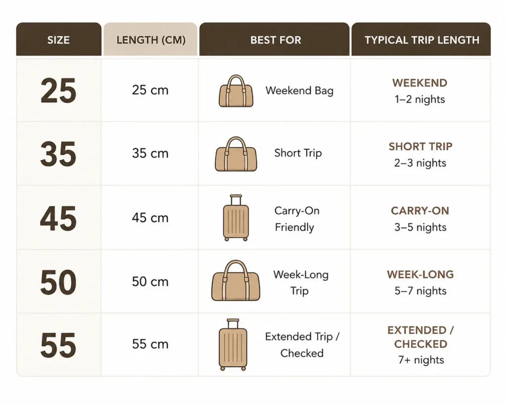 Louis Vuitton Travel Bag: Full Buying Guide 2026 2 Louis Vuitton travel bag Keepall size chart showing dimensions and ideal trip length for each size