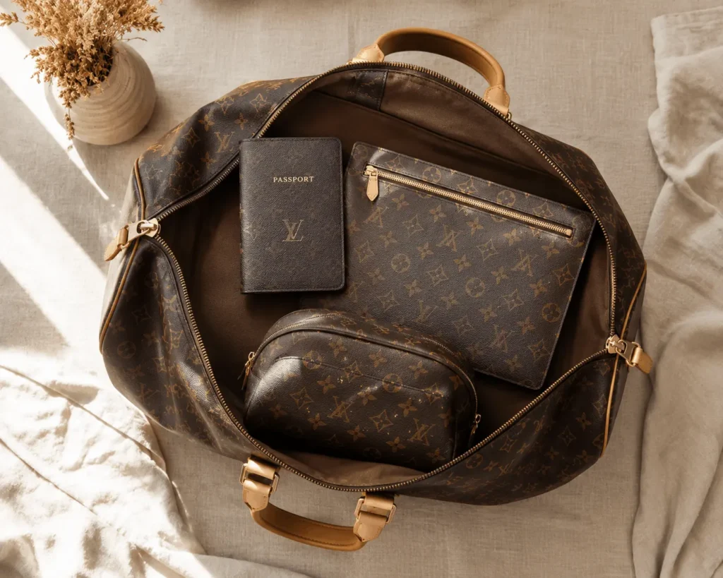 Louis Vuitton Travel Bag: Full Buying Guide 2026 1 Louis Vuitton travel bag accessories including passport cover, document pouch, and toiletry pouch on an open duffel