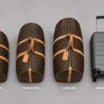 Louis Vuitton travel bag size comparison showing Keepall 45, 50, and 55 next to a carry-on suitcase