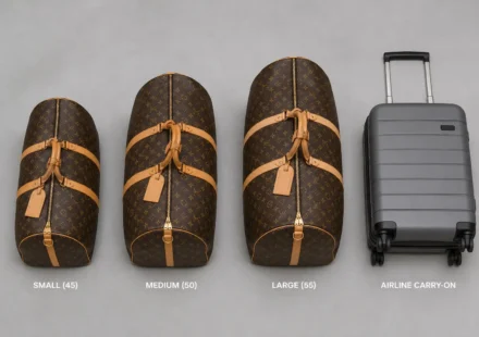 Louis Vuitton travel bag size comparison showing Keepall 45, 50, and 55 next to a carry-on suitcase