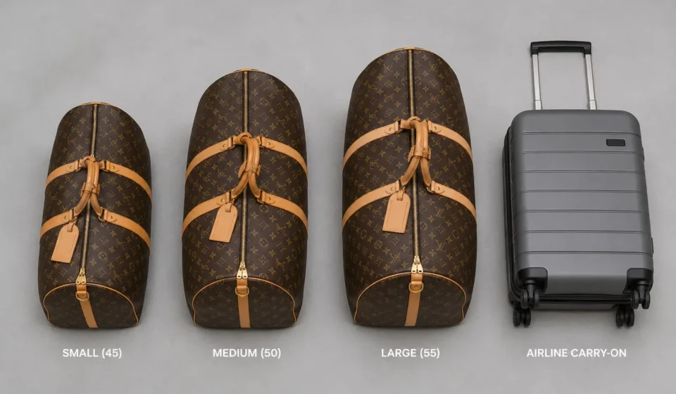 Louis Vuitton Travel Bag: Full Buying Guide 2026 Louis Vuitton travel bag size comparison showing Keepall 45, 50, and 55 next to a carry-on suitcase