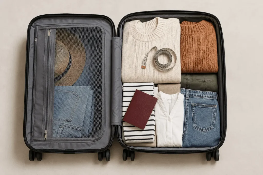 Luggage Size Chart: Carry-On, Checked & Personal Item Sizes 1 Illustration showing a 22 × 14 × 9 inch (56 × 36 × 23 cm) carry-on suitcase beside an airplane overhead bin with labeled dimensions for length, width, and depth.