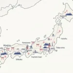 Illustrated map of Japan marking top travel destinations including Tokyo, Kyoto, Osaka, Hiroshima, Nara, and Hakone with bullet train routes